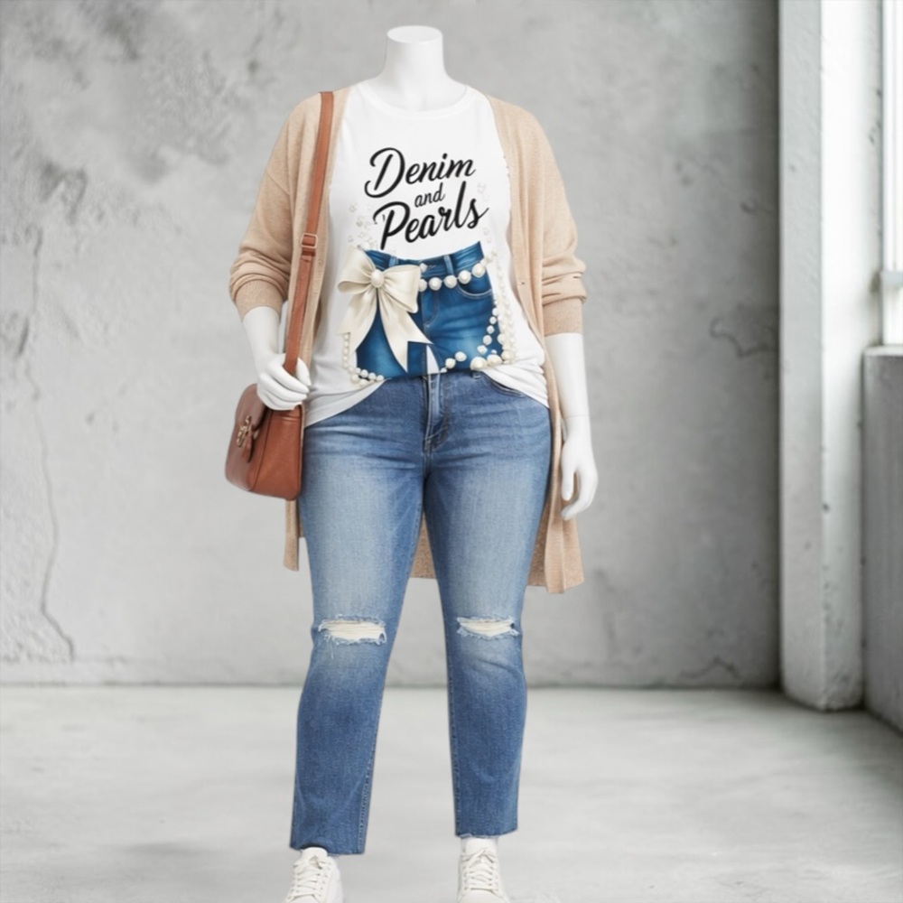 New “Denim and Pearls@ Graphic Tee - White - Picture 4 of 13